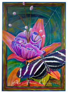 Butterflies Love Flowers - Liquid Acrylics on canvas - 24 inches x 36 inches - printed card 4 inches x 6 inches