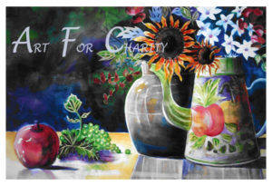 Flowers and Friends - Watercolor on paper - 30 inches x 22 inches - Printed card 6 inches x 4 inches