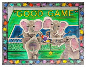 Good Game - Liquid acrylic on paper- 16 inches x 12 inches - Printed card 6 inches x 4 inches