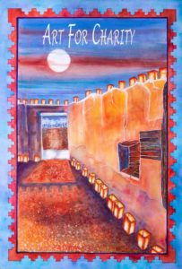 Tubac Mission with luminaries - Watercolor on paper - 15 inches x 22 inches -printed card 4 inches x 6 inches