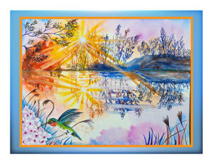Round Lake Sunrise - Watercolor on paper - 14 inches x 10 inches - Printed card 6 inches x 4 inches
